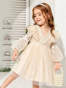 SHEIN Young Girls Elegant Princess Lace Dress Kids Long Sleeve Ruffles Mesh Layered A-Line Dresses For Toddler Birthday Party - Beige - View 3