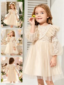 SHEIN Young Girls Elegant Princess Lace Dress Kids Long Sleeve Ruffles Mesh Layered A-Line Dresses For Toddler Birthday Party - Beige - View 10