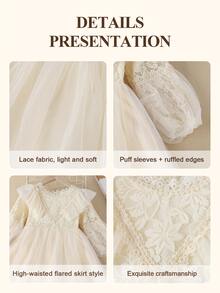 SHEIN Young Girls Elegant Princess Lace Dress Kids Long Sleeve Ruffles Mesh Layered A-Line Dresses For Toddler Birthday Party - Beige - View 4