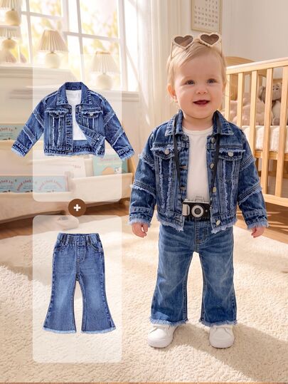 Baby Girl Distressed Individuality Frayed Lovely Wind Denim Set Autumn Fall