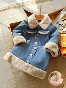 Vintaside Kids 女嬰冬季經典藍色復古丹寧風純色修身翻領前開長袖夾克與丹寧裙2件套，適合外出、購物、拍照與節日派對 - 彩色 - 查看 7
