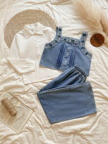SHEIN Tween Girl Back-To-School 80s Style Set,Autumn White Long Sleeve Shirt,Sleeveless Short Denim Vest And Washed Pants,Casual Cute Student Blue - Multicolor - View 6