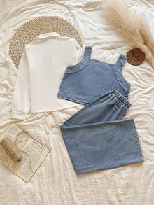 SHEIN Tween Girl Back-To-School 80s Style Set,Autumn White Long Sleeve Shirt,Sleeveless Short Denim Vest And Washed Pants,Casual Cute Student Blue - Multicolor - View 4