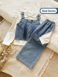 SHEIN Tween Girl Back-To-School 80s Style Set,Autumn White Long Sleeve Shirt,Sleeveless Short Denim Vest And Washed Pants,Casual Cute Student Blue - Multicolor - View 11