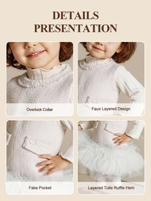 SHEIN Elladie kids 2pcs Baby Girl Elegant Off-White Party Dress Set Layered Mesh Ruffle Hem Sleeveless Zipper Dress & Ribbed High Neck Long Sleeve Top Autumn Sweater Set - Beige - View 3