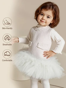 SHEIN Elladie kids 2pcs Baby Girl Elegant Off-White Party Dress Set Layered Mesh Ruffle Hem Sleeveless Zipper Dress & Ribbed High Neck Long Sleeve Top Autumn Sweater Set - Beige - View 1