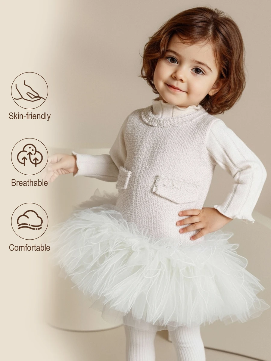 SHEIN Elladie kids 2pcs Baby Girl Elegant Off-White Party Dress Set Layered Mesh Ruffle Hem Sleeveless Zipper Dress & Ribbed High Neck Long Sleeve Top Autumn Sweater Set - Beige - View 1