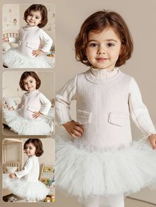 SHEIN Elladie kids 2pcs Baby Girl Elegant Off-White Party Dress Set Layered Mesh Ruffle Hem Sleeveless Zipper Dress & Ribbed High Neck Long Sleeve Top Autumn Sweater Set - Beige - View 11