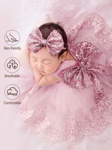 SHEIN 2件組香檳色新生兒攝影服裝套裝，女嬰公主刺繡網紗洋裝，蝴蝶結蕾絲公主裙，適合拍照拍攝，秋季款 - 藕粉色 - 查看 1