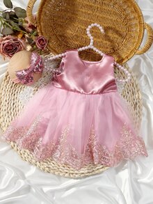 SHEIN 2件組香檳色新生兒攝影服裝套裝，女嬰公主刺繡網紗洋裝，蝴蝶結蕾絲公主裙，適合拍照拍攝，秋季款 - 藕粉色 - 查看 5