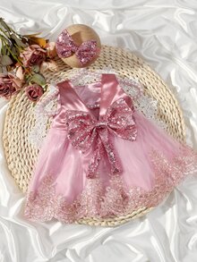 SHEIN 2件組香檳色新生兒攝影服裝套裝，女嬰公主刺繡網紗洋裝，蝴蝶結蕾絲公主裙，適合拍照拍攝，秋季款 - 藕粉色 - 查看 9