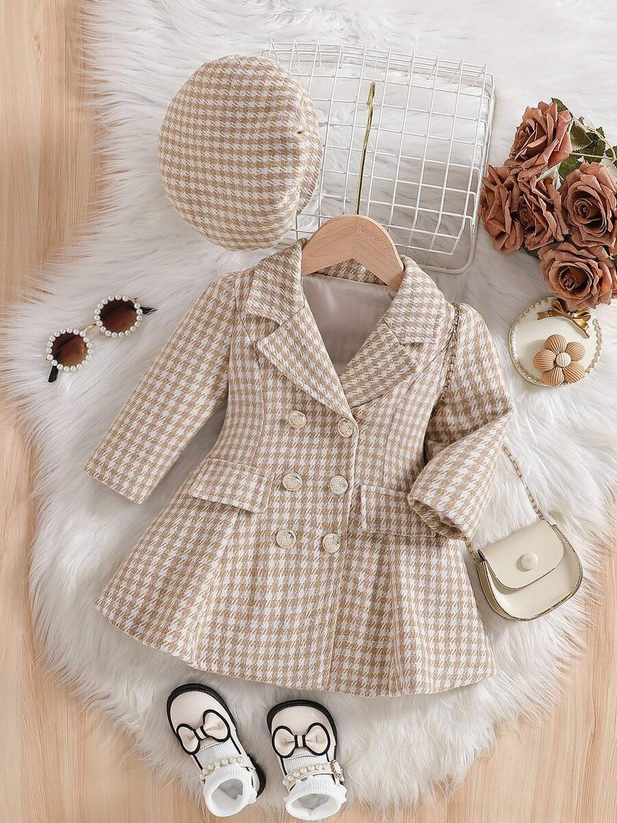SHEIN 女嬰白色翻領A字洋裝，附配套貝雷帽，秋季優雅生日返校復古假口袋連身裙