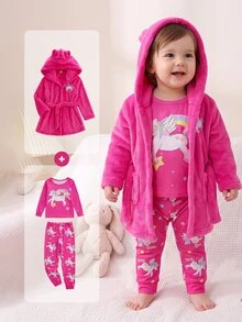 3pcs Young Girl Cute Unicorn Print Pajama Set, Pink Base Color Long Pants, Sleeve Top And Fluffy Cardigan, And For Fall Autumn/Winter Christmas Cozy - Hot Pink - View 3