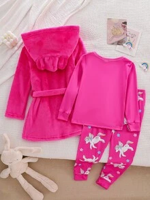 3pcs Young Girl Cute Unicorn Print Pajama Set, Pink Base Color Long Pants, Sleeve Top And Fluffy Cardigan, And For Fall Autumn/Winter Christmas Cozy - Hot Pink - View 4