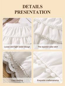 SHEIN Young Girl Wedding 7th Birthday Beach Solid Color Elastic Waist Contrast Lace Ruffle Hem A-Line Skirt White Autumn Fairy Princess - White - View 4