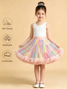 SHEIN Tween Girl Fall Casual Elegant Cute Tutu Mesh Skirt Autumn Fall, Holiday, Comfortable, Daily - Baby Pink - View 3
