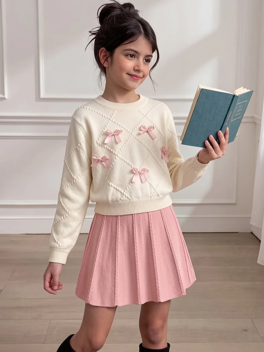 SHEIN 8-13 Years Old Tween Girls Cream Diamond Quilted Bow Short Round Neck Knit Sweater And Pink Vertical Stripe A-Line Mini Skirt 2 Pieces Set, Gentle Spring/Autumn Knit Outfit For School, Birthday, Photo Shoot, Outing - Pink - View 1