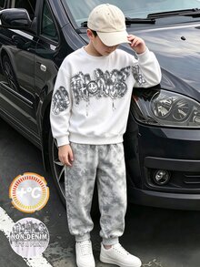 青少年男孩休閒極簡設計塗鴉字母印花紮染圓領衛衣與運動長褲2件套，適合秋冬戶外運動穿著 - 彩色 - 查看 1