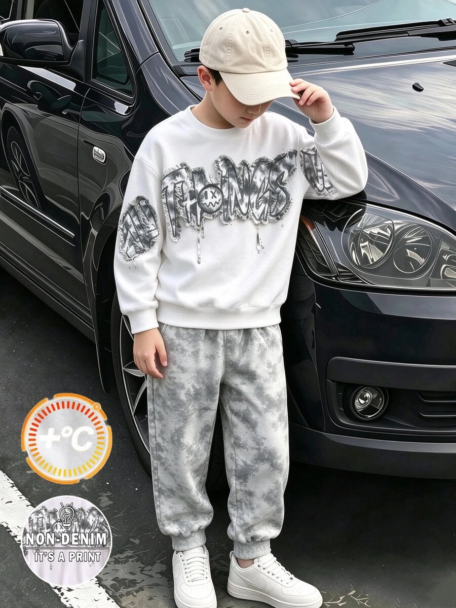 青少年男孩休閒極簡設計塗鴉字母印花紮染圓領衛衣與運動長褲2件套,適合秋冬戶外運動穿著 - 彩色 - 查看 1