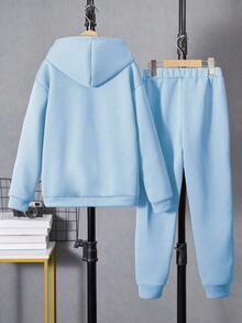 SHEIN Vacaura 男孩 2 件式套頭運動衫運動服套裝，壓紋字母慢跑褲，休閒可愛圖案秋季校園穿搭，淺藍色水藍色 - 淺藍色 - 查看 3