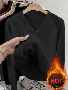Franclia Women's Casual Basic Solid Color V-Neck Long Sleeve Pullover Sweater With Thermal Lined, Autumn/Winter Occasion Black - Black - View 1