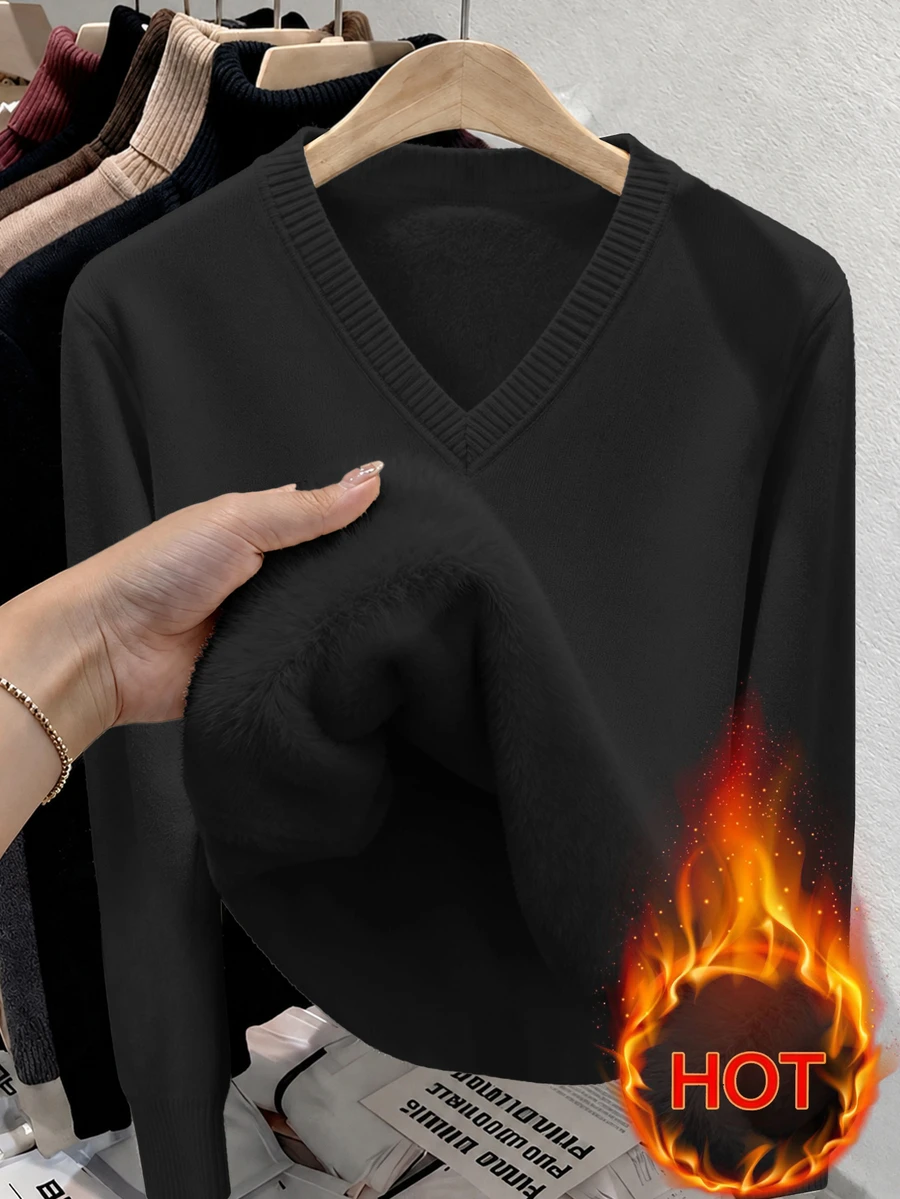 Franclia Women's Casual Basic Solid Color V-Neck Long Sleeve Pullover Sweater With Thermal Lined, Autumn/Winter Occasion Black - Black - View 1
