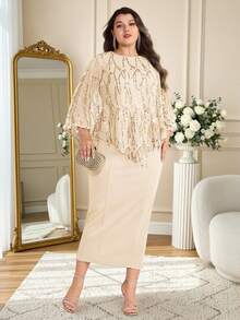 Modelyn Plus Size Women Elegant Solid Color Sequin Tassel Decor Sheer Cover Up And Fitted Dress 2 Pieces Set Champagne Mother Of Bride Fringe - Apricot - View 4