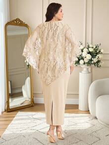 Modelyn Plus Size Women Elegant Solid Color Sequin Tassel Decor Sheer Cover Up And Fitted Dress 2 Pieces Set Champagne Mother Of Bride Fringe - Apricot - View 2