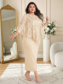 Modelyn Plus Size Women Elegant Solid Color Sequin Tassel Decor Sheer Cover Up And Fitted Dress 2 Pieces Set Champagne Mother Of Bride Fringe - Apricot - View 3