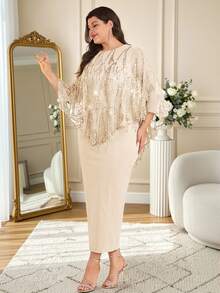 Modelyn Plus Size Women Elegant Solid Color Sequin Tassel Decor Sheer Cover Up And Fitted Dress 2 Pieces Set Champagne Mother Of Bride Fringe - Apricot - View 6