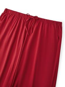 LUVLETTE Plus 100% Cotton Contrast Trim Basic Button-Up Top&Pants Red Loungewear Long Sleeve Pajama Set Pants With Pockets Christmas&New Years Festival Vibes - Red - View 11