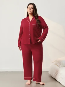 LUVLETTE Plus 100% Cotton Contrast Trim Basic Button-Up Top&Pants Red Loungewear Long Sleeve Pajama Set Pants With Pockets Christmas&New Years Festival Vibes - Red - View 9