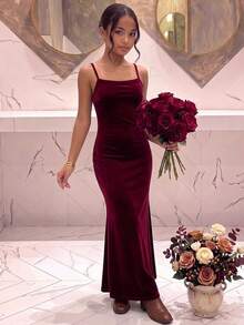 SHEIN Tween Girls Spaghetti Strap Kids Long Autumn Dress, Elegant Party, Ceremony, Formal Occasion, Ball, Evening Banquet Tween Girl - Burgundy - View 1