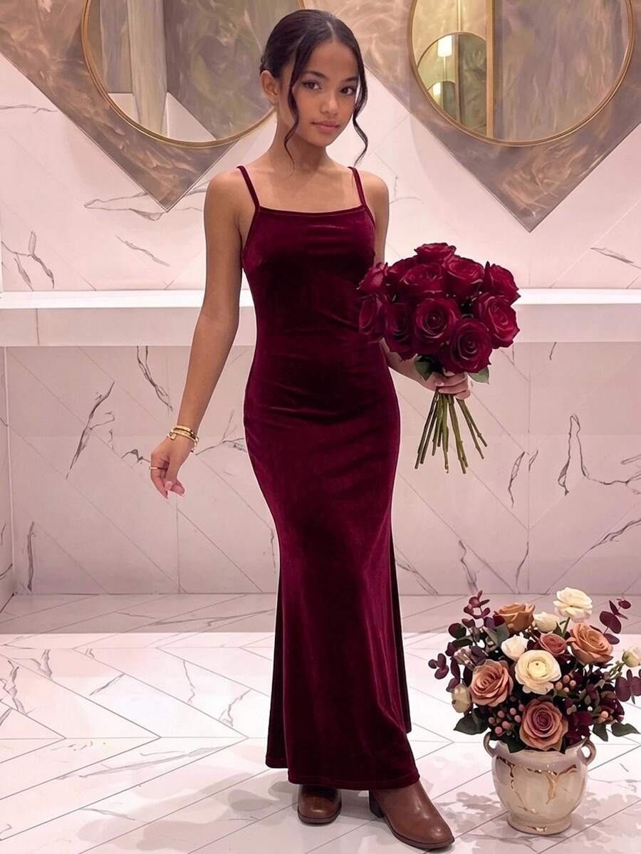 SHEIN Tween Girls Spaghetti Strap Kids Long Autumn Dress, Elegant Party, Ceremony, Formal Occasion, Ball, Evening Banquet Tween Girl - Burgundy - View 1