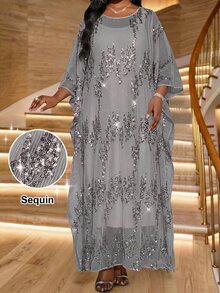 Fleurora 大尺碼優雅性感亮片細節精緻禮服，適合晚宴、正式場合、洗禮賓客、晚餐派對、婚禮，灰色，秋季新年款 - 銀色 - 查看 3