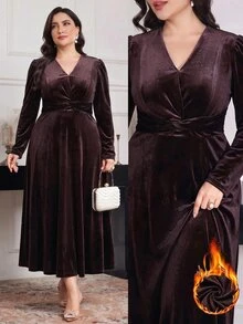 Modelyn 大尺碼女款花卉提花V領泡泡袖優雅長款晚禮服 - 咖啡棕 - 查看 4