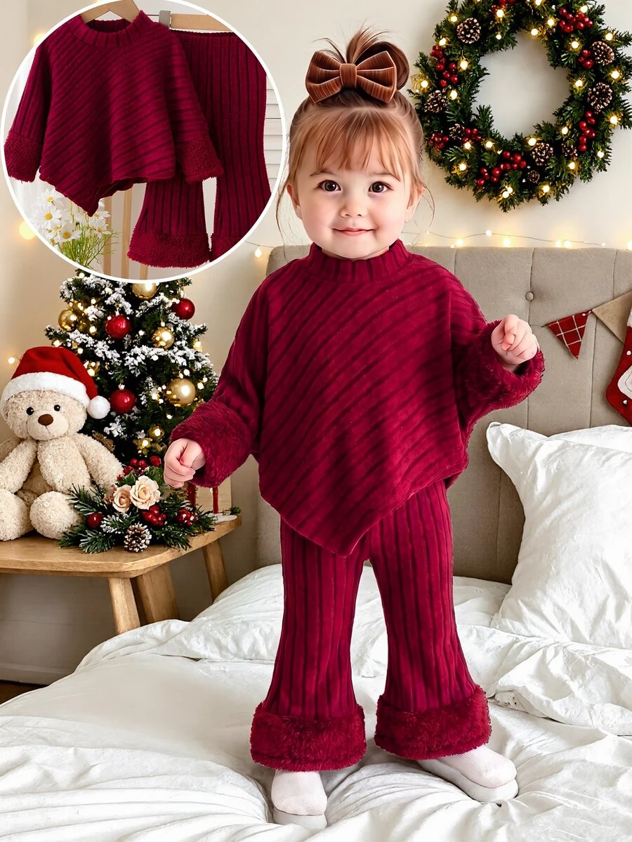 SHEIN Baby Girls 2pcs Set Wine Red Knit Long Sleeve Regular Loose Ribbed T-Shirt Set, Casual Party Fall Winter Hiver - Burgundy - View 1