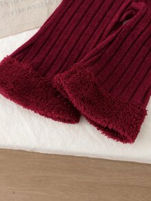 SHEIN Baby Girls 2pcs Set Wine Red Knit Long Sleeve Regular Loose Ribbed T-Shirt Set, Casual Party Fall Winter Hiver - Burgundy - View 4