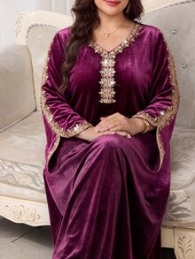 Al Najma Plus Size Women's Elegant French Embroidery Arabian Dress - Dusty Pink - View 8