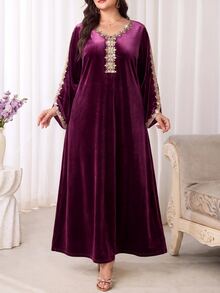 Al Najma Plus Size Women's Elegant French Embroidery Arabian Dress - Dusty Pink - View 5