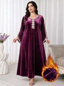Al Najma Plus Size Women's Elegant French Embroidery Arabian Dress - Dusty Pink - View 3