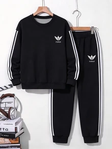 Kids Tween Boy Casual Minimalist Loose Comfortable Long Sleeve Crew Neck Sweatshirt 2pcs Set Suitable For Autumn/Winter - Multicolor - View 5