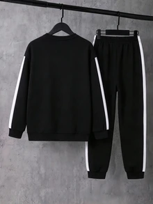 Kids Tween Boy Casual Minimalist Loose Comfortable Long Sleeve Crew Neck Sweatshirt 2pcs Set Suitable For Autumn/Winter - Multicolor - View 2