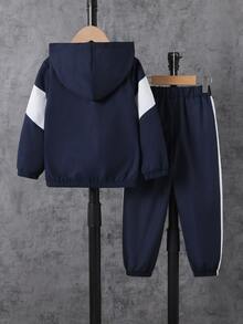 SHEIN 男孩連帽衛衣與長褲套裝，新款長袖連帽衛衣與長褲2件套，海軍藍與白色拼色拉鍊套裝，舒適休閒套裝，適合日常穿著、居家穿著、兄弟套裝 - 藏蓝色 - 查看 3
