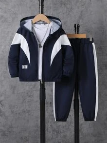 SHEIN 男孩連帽衛衣與長褲套裝，新款長袖連帽衛衣與長褲2件套，海軍藍與白色拼色拉鍊套裝，舒適休閒套裝，適合日常穿著、居家穿著、兄弟套裝 - 藏蓝色 - 查看 2