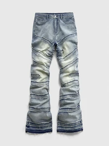 ROMWE MEN Street Life Men's Layered Frayed Hem Flare Jeans - Blue - View 2
