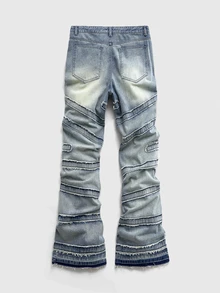 ROMWE MEN Street Life Men's Layered Frayed Hem Flare Jeans - Blue - View 3