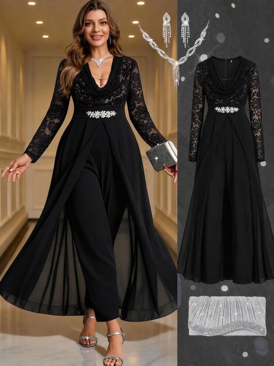 Reflora Plus Size Women's Cowl Neck Contrast Lace Waist Rhinestone Decor Elegant Fluffy Sexy Jumpsuit Formal Night Cocktail Evening Black Fall Christmas - Black - View 1
