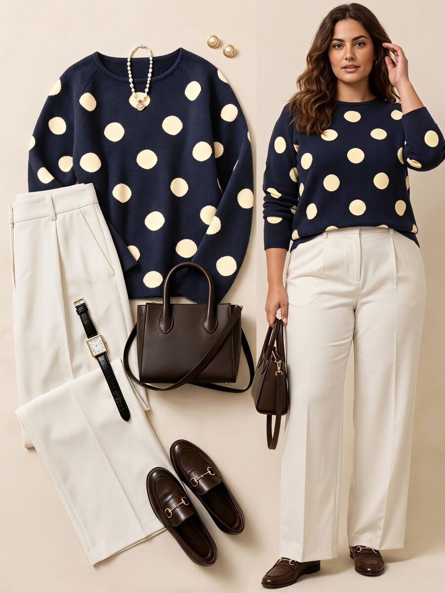 Grovea Autumn/Winter Plus Size Navy Blue White Polka Dot Round Neck Knit Sweater, Raglan Long Sleeve Simple Casual Pullover Top - Navy Blue - View 1
