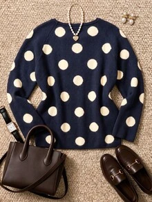 Grovea Autumn/Winter Plus Size Navy Blue White Polka Dot Round Neck Knit Sweater, Raglan Long Sleeve Simple Casual Pullover Top - Navy Blue - View 6
